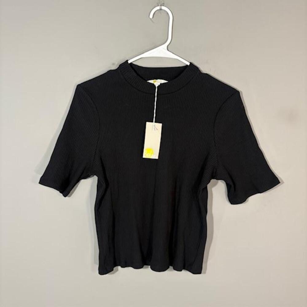 Boden Shirt Womens 10 Black Ribbed Mock Neck Short Sleeve Stretch Jersey Top